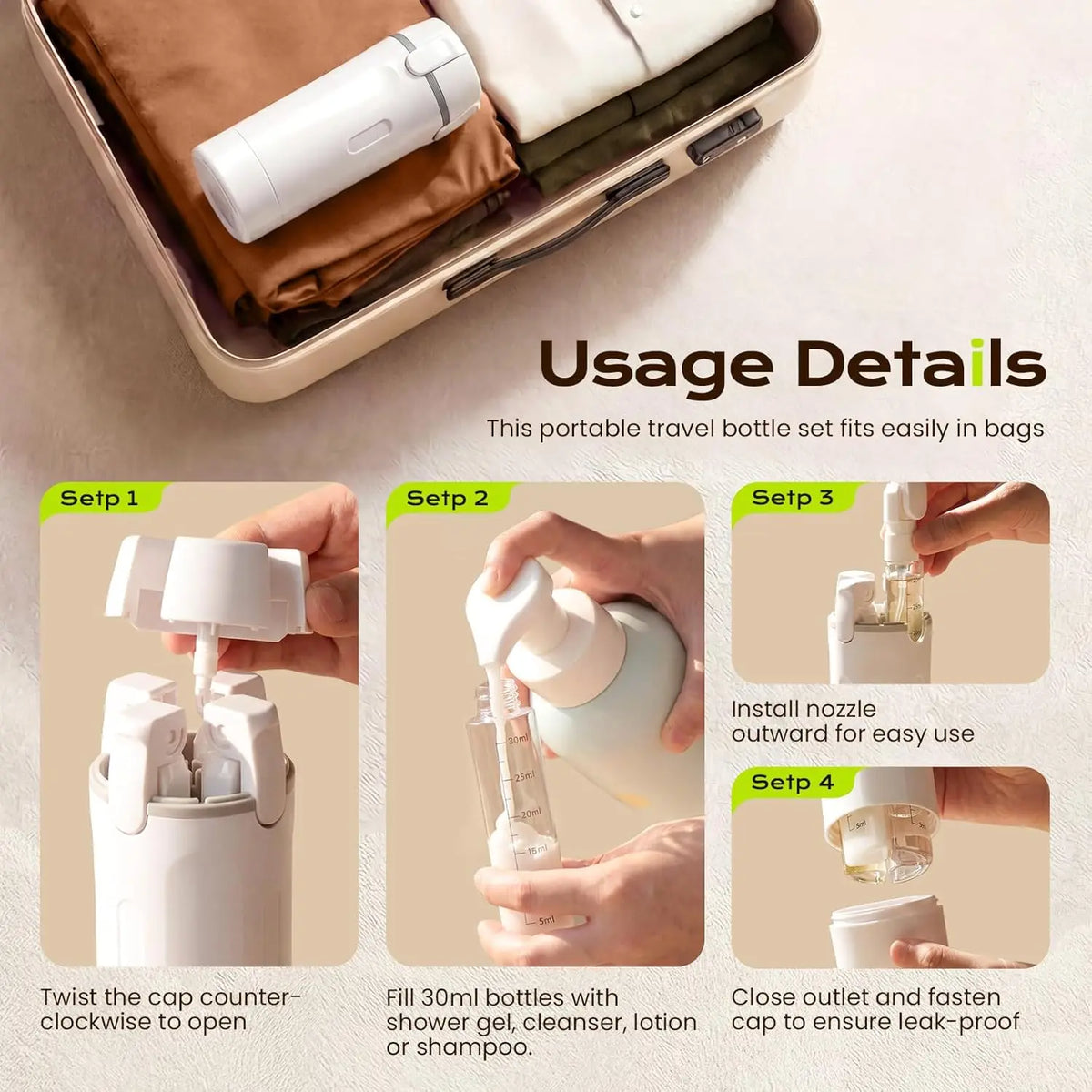 4-in-1 Portable Cosmetic Shampoo Dispenser Storage Bottle Plastic Travel Friendly Compact Design for Easy Carrying