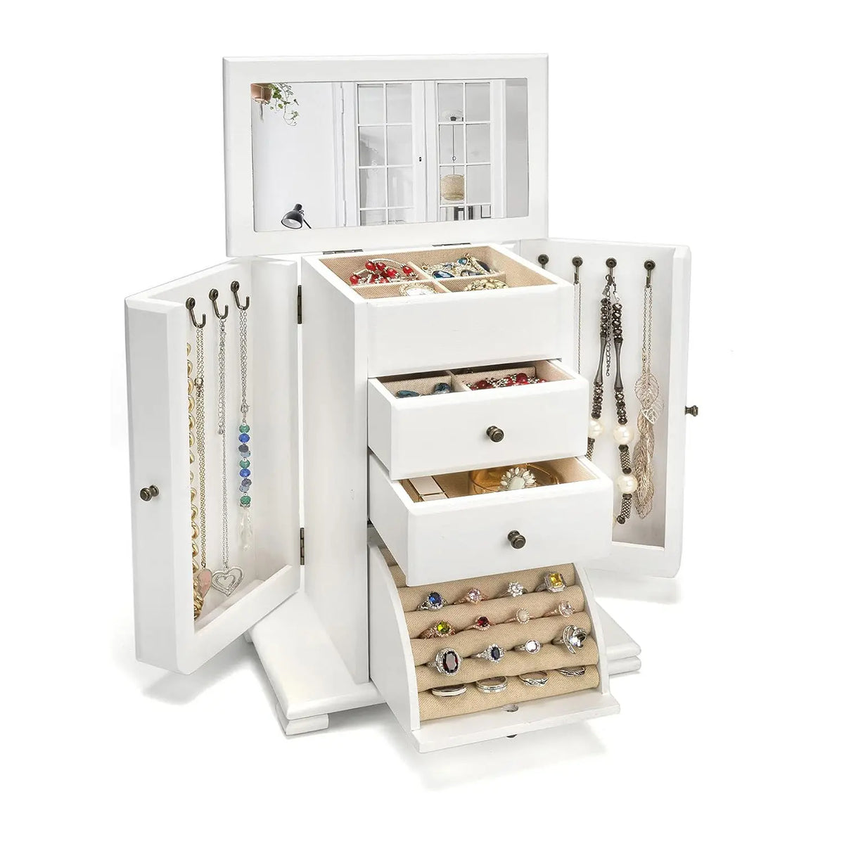 Emfogo Women's Linen Farmhouse-Style Decorative Wooden Jewelry Box with Mirror & Lid, 4-Layer Earring Holder Organizer with Compartment Containers for Rings, Necklaces, Bracelets (Farmhouse Style Storage)