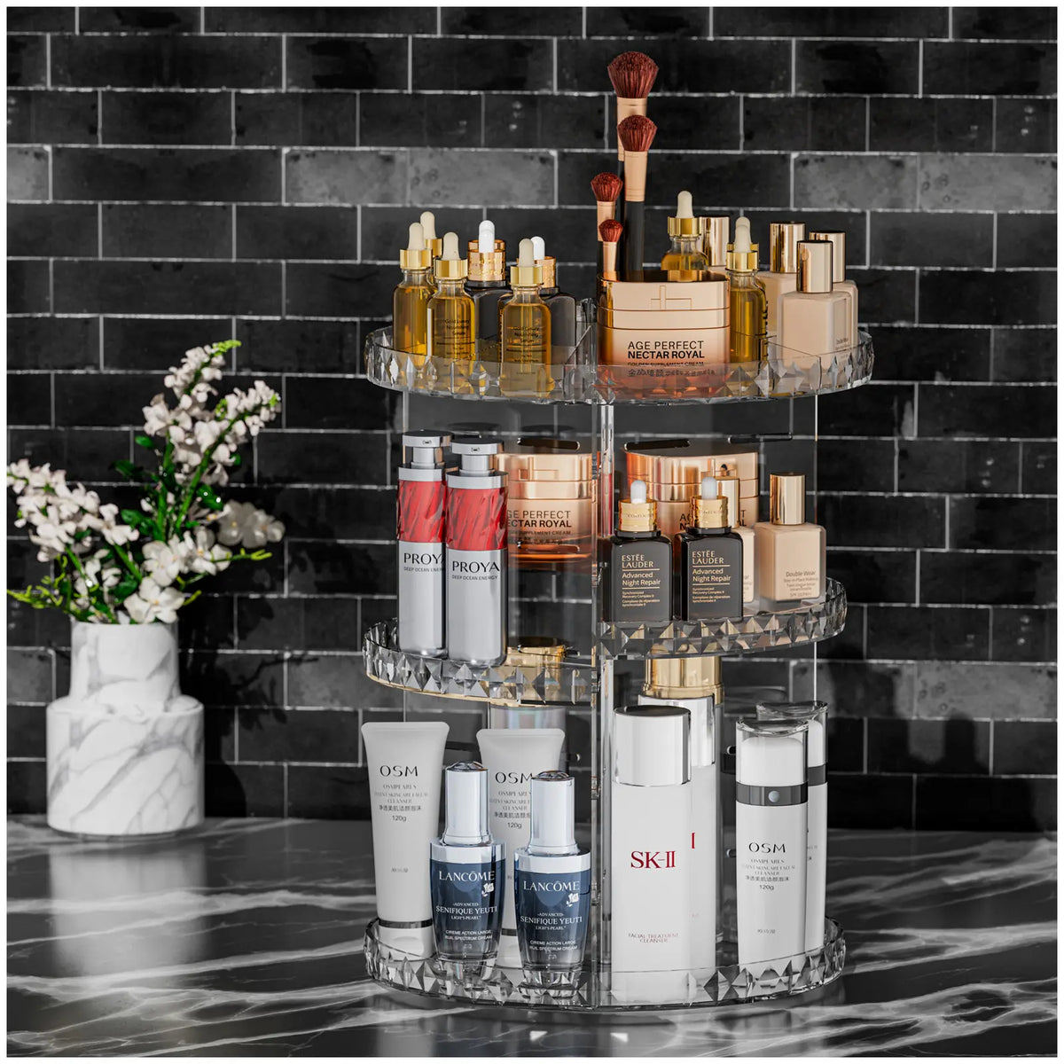 ZHIAI 360 Rotating Makeup Organizer, Large Capacity Cosmetics Organizer for Perfume Holder Organizer Countertop, DIY Adjustable Bathroom Makeup Carousel Holder Rack, Clear Diamond