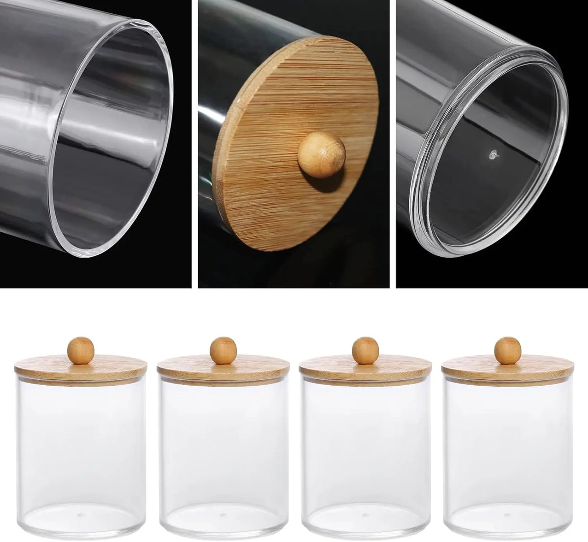 4 Pack Qtip Holder, 10-Ounce Bathroom Organizer Accessories Storage Containers Clear Plastic Apothecary Jars with Bamboo Lids for Cotton Ball, Cotton Swab, Floss