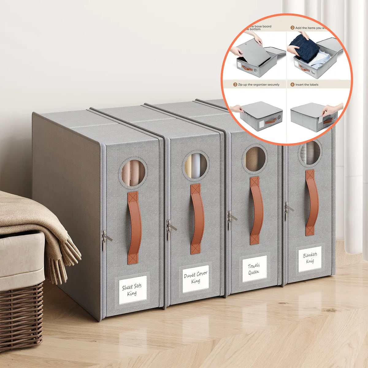 TRZZ 4-Pack Classic Folding Linen Storage Box Set - Closet Organizer System, 15"x13" Shelf Fit Bins, Dustproof Zipper Closure, Window, Reinforced Handles, Queen/King Sheet Organizer, Women's Home Gift