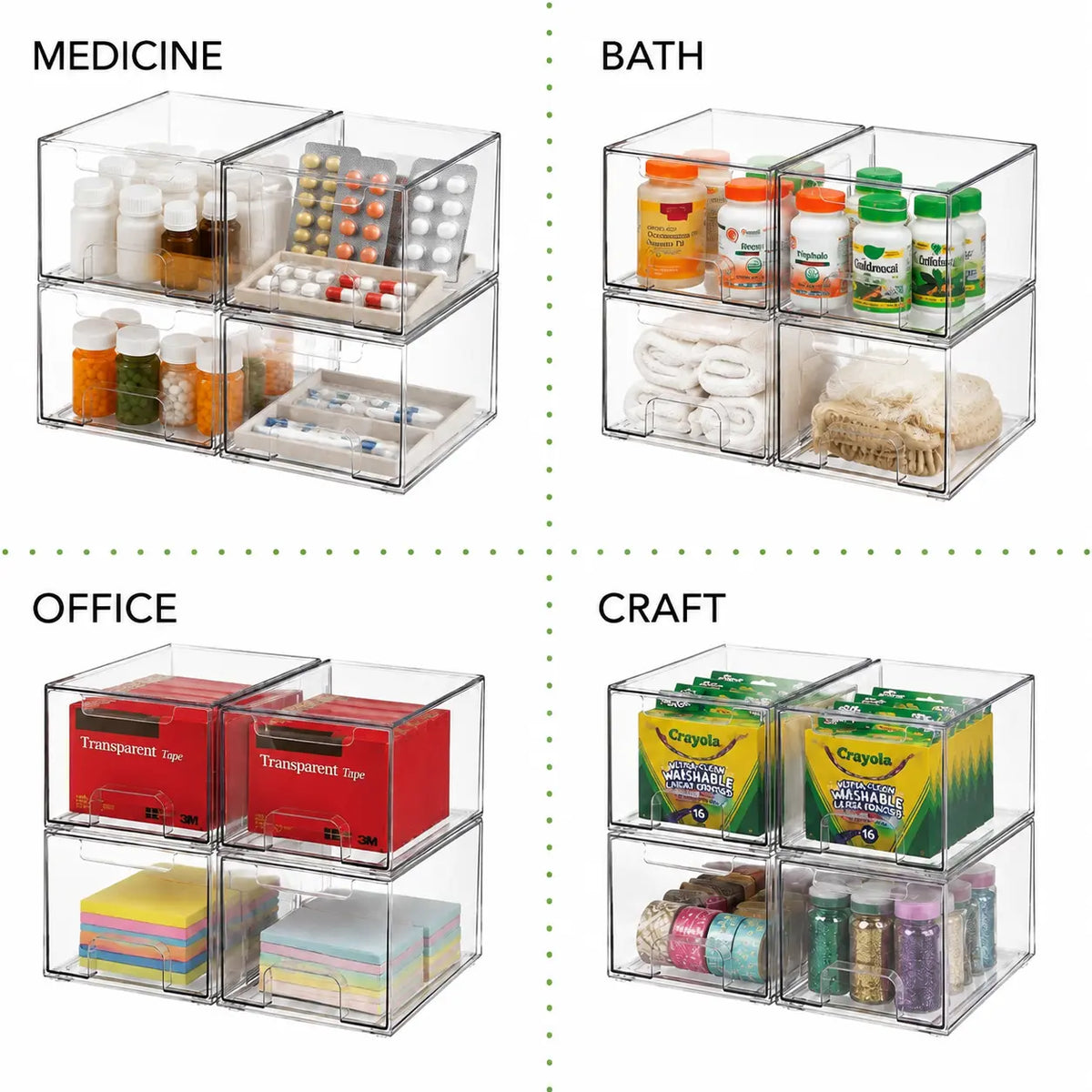 4 Pack Clear Stackable Acrylic Storage Boxes – Drawers for Bathroom Vanity, Office, Craft Room – Dustproof & Easy Clean