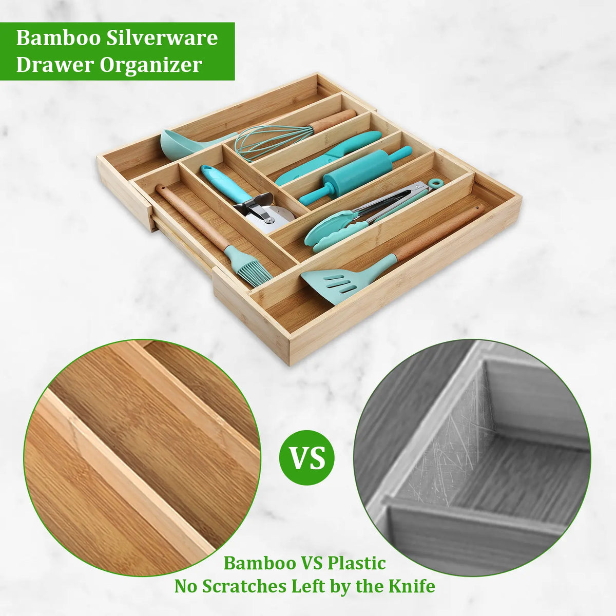 Expandable Bamboo Drawer Organizer - Adjustable 6-8 Slot Utensils Tray, Durable, Easy-Clean, Warm Bamboo Look, Cosmetic Holder, Box Organiser, Jewelry Storage, Bathroom & Kitchen Accessories Drawer Organizer Storage