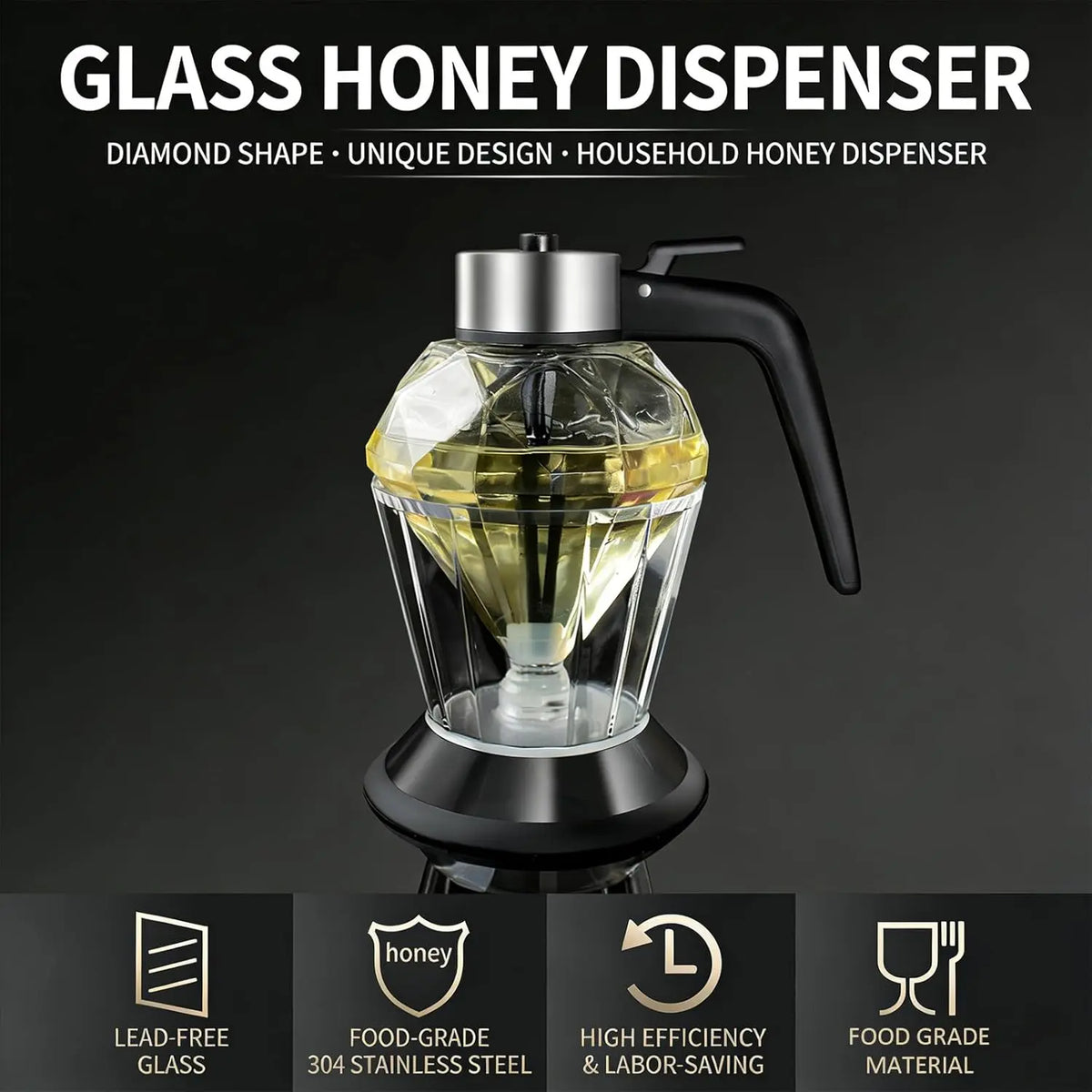 2026 Upgrade No-Drip 8oz Glass Honey Dispenser with Handle & Lid & Base, Modern Glass Spice Jar Drizzlers & Dressing Shakers, Mess-Free Kitchen Seasoning Utensil for Maple or Honey Use, Sohochic