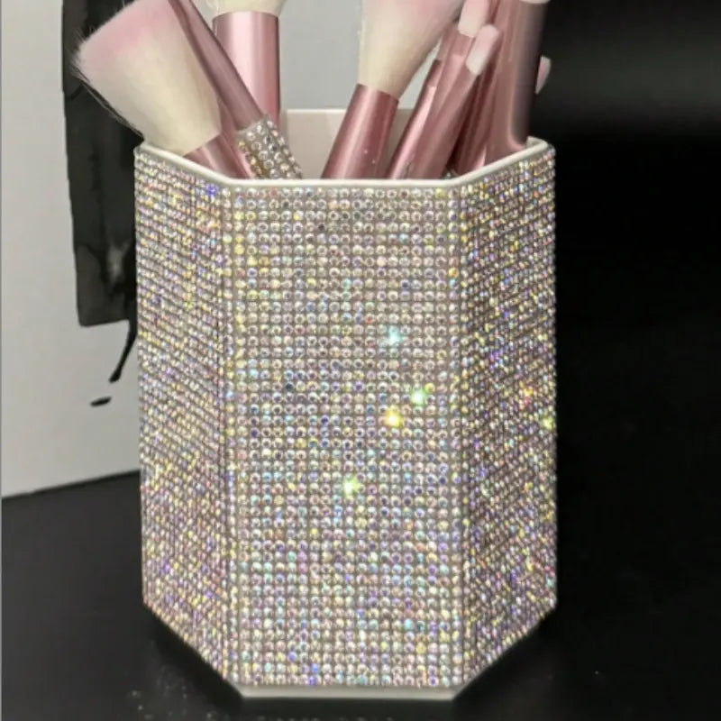 Hexagonal Crystal Makeup Brush Holder, Large Capacity, Decorative Shiny Surface, Multifunctional Cosmetic Storage Rack, Makeup Organizer Box for Bedroom Vanity Desk, Cosmetic Organiser, Cosmetic Organizers