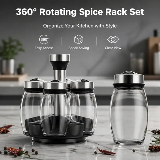 6-Jar Rotating Spice Rack Set, easy access and space-saving design with visible content, Glass Storage Jar, Spice Organizer, Glass Spice Jars. Keeps your kitchen tidy and holds all kinds of seasonings and spices.
