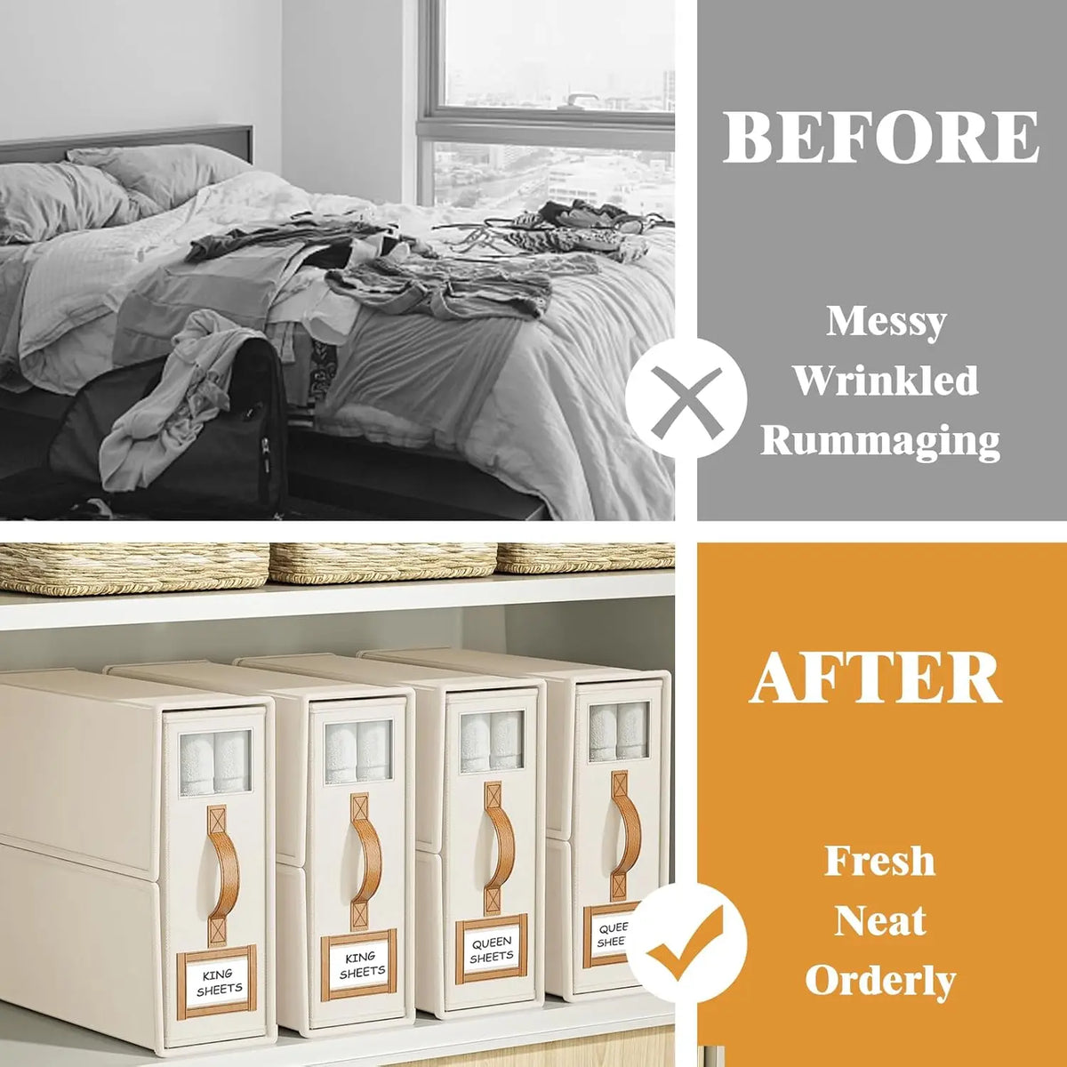 4 Pack Beige Foldable Linen Organizer Bin Boxes - Transparent Window, Labels, King/Queen Size, for Sheets, Pillowcases, Duvet Covers, Sofa Storage Organization