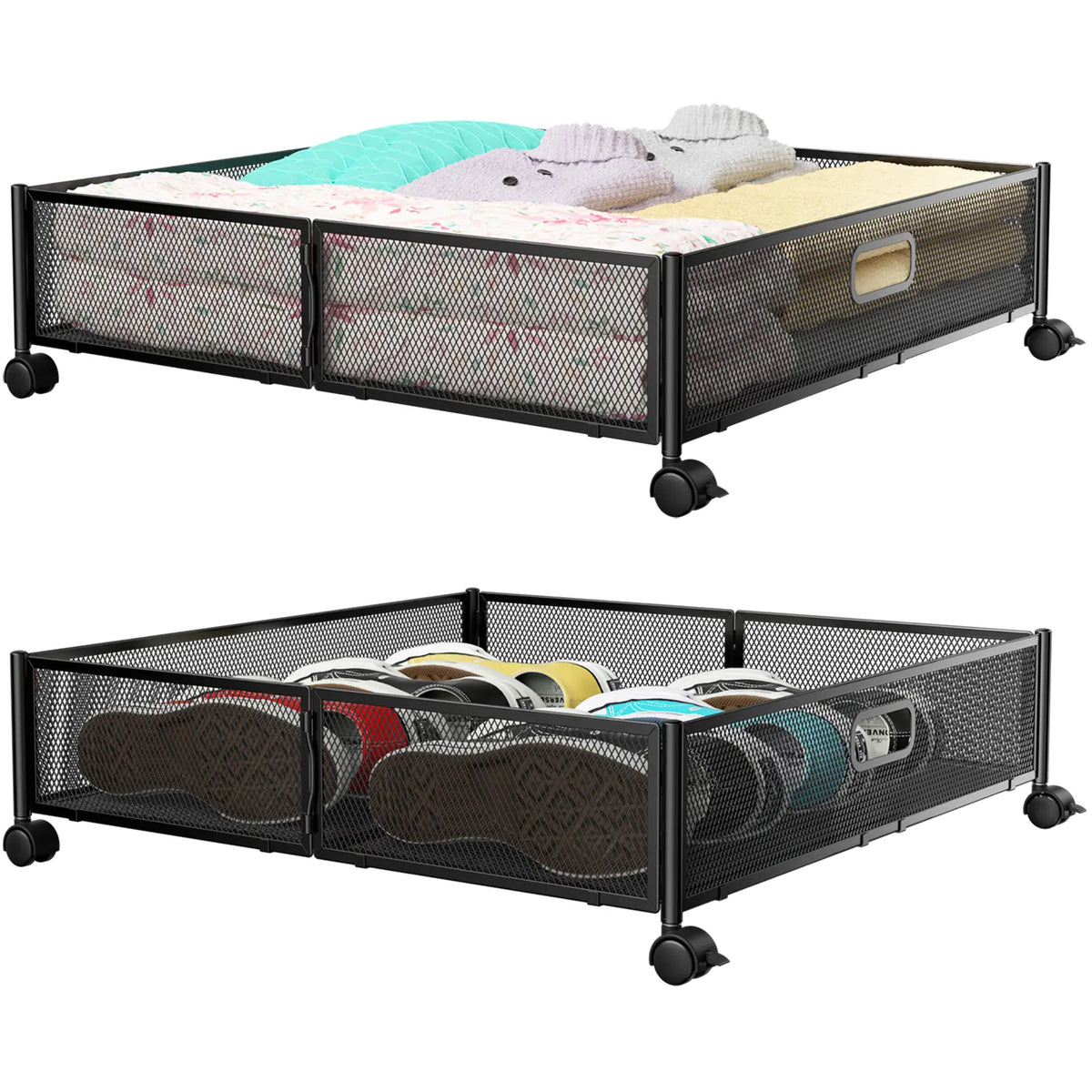 Flycity 2-Pack Under Bed Storage Box with Rotating Wheels - Durable Foldable Collapsible Organizer for Bedroom Clothes, Shoes - Closet Organization, Collapsible Easy Access Flexible Compact Open Storage Bins (Black/White), Collapsible Open Storage Bins