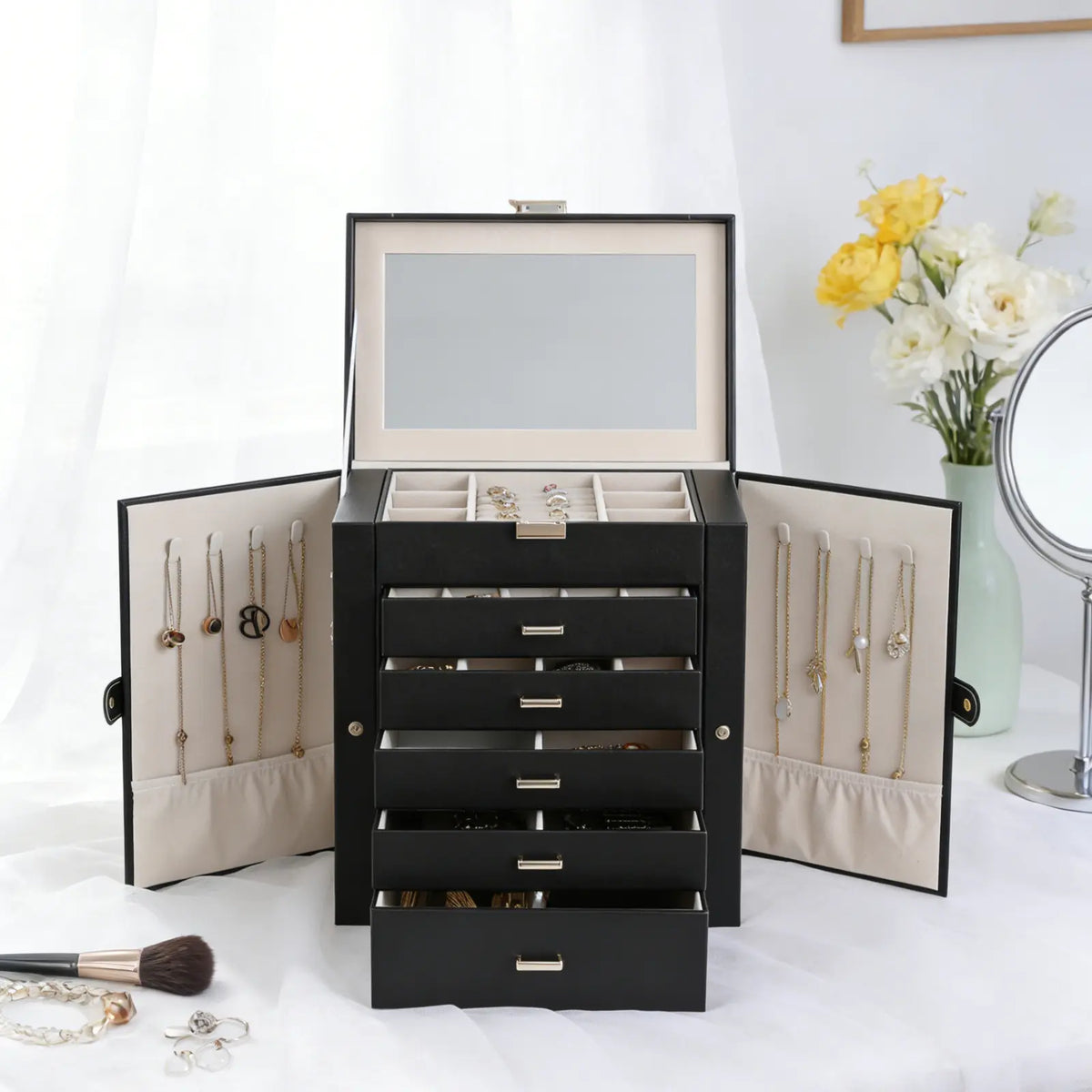 BOOVO Jewelry Box For women, 6 Layer Large Jewelry Organizer With Mirror, Multi-Function Storage Box With Lock, Necklace Holder With 5 Drawers, For Earrings Necklace Bracelet (Rose Gold and Gold)