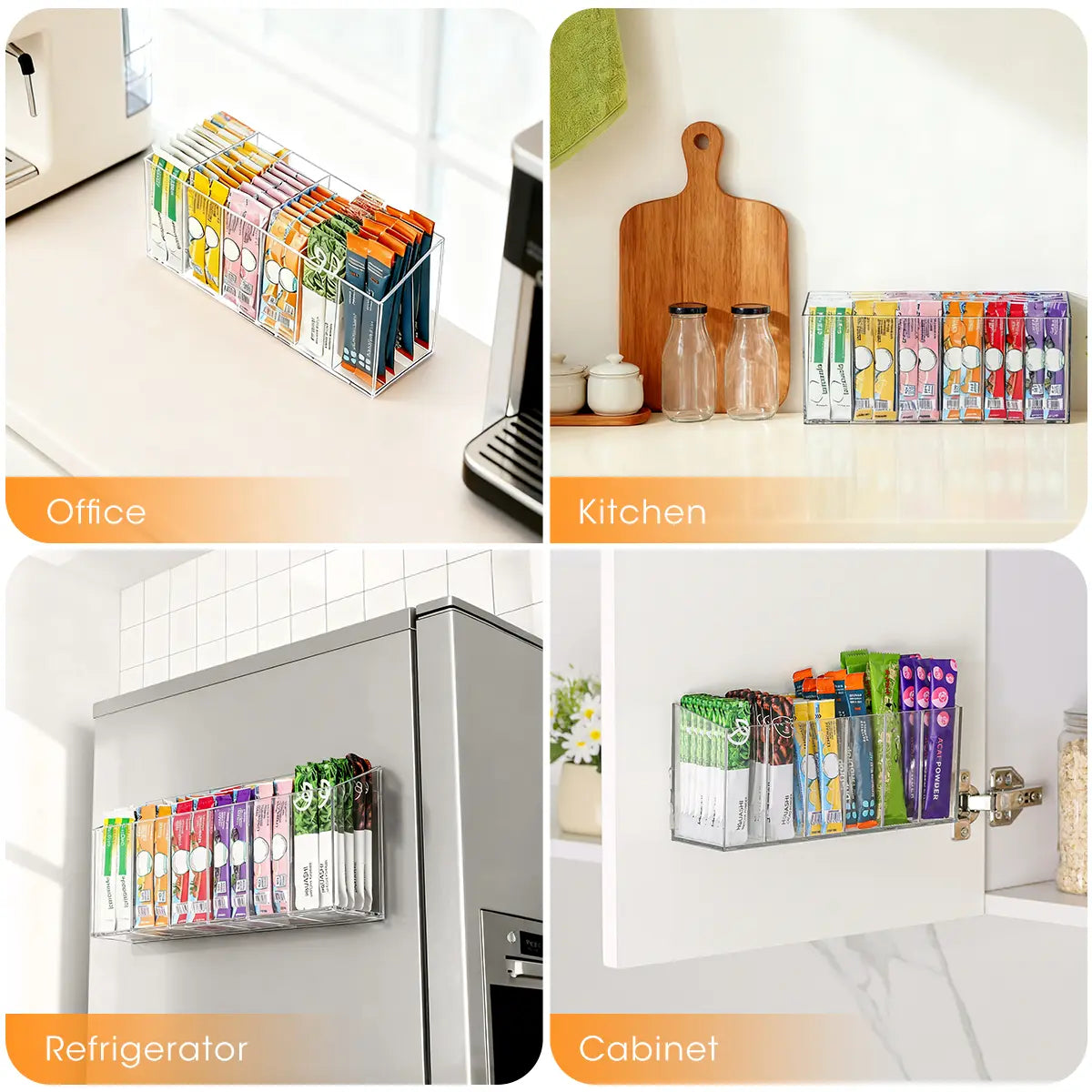 AIEVE Drink Packet Organizer, Mountable Space-Saving Tidy Counter Setup Holder with Adhesive & Magnetic Sticker, Home Pantry Kitchen Storage for Countertop Fridge Cabinet (Summer Sale Deals, Restock Deals for You Days), Mountable Saves Space