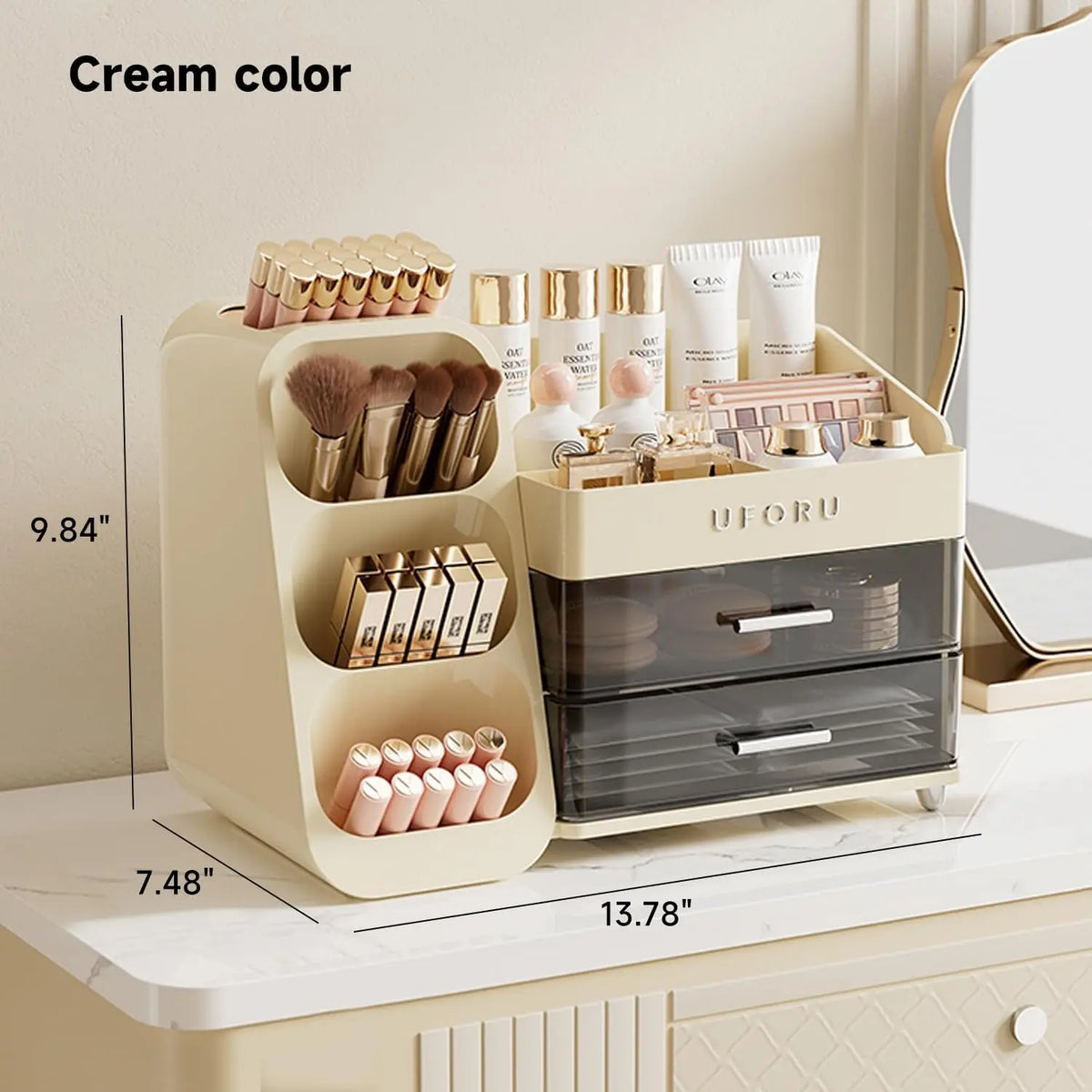 UFORU Modern Large Capacity Plastic Makeup Storage Box - Multi-functional Organizer for Makeup Brushes, Lipsticks, Eyebrow Pencils, Pocket Mirrors - Desktop Vanity Accessory for Home & Travel, Pink Gift Option