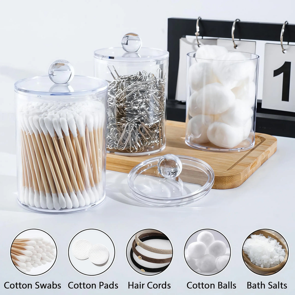 LMMAKE 4PCS Durable Transparent Apothecary Canister Qtip Holders - 10oz Stackable Plastic Storage Jars with Lids, Portable Vanity Organization Can Holder Cosmetic Organisers for Cotton Supplies (Restroom)