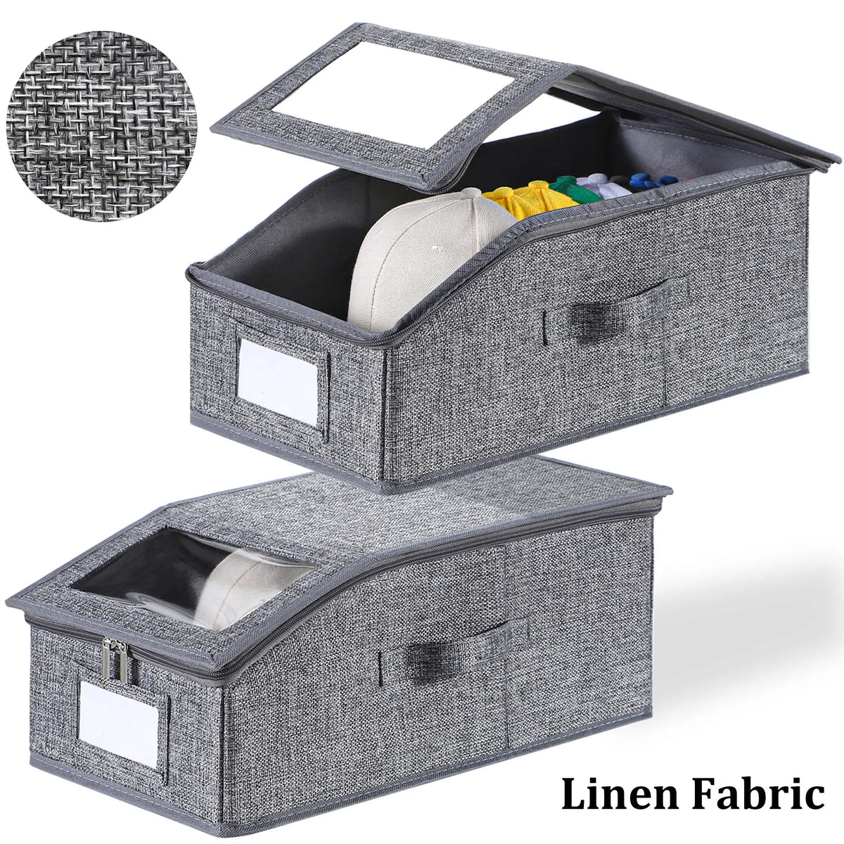 TAYTUU Linen Fabric Hat Organizer Bin - Collapsible, Transparent Window, Zip & Drawstring, Dustproof Closet Storage, Durable Cardboard, Holds 24 Baseball Caps, 16.93inL x 9.06inW x 7.56inH, ADHD Home Organizer