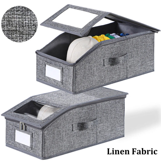 TAYTUU Linen Fabric Hat Organizer Bin - Collapsible, Transparent Window, Zip & Drawstring, Dustproof Closet Storage, Durable Cardboard, Holds 24 Baseball Caps, 16.93inL x 9.06inW x 7.56inH, ADHD Home Organizer