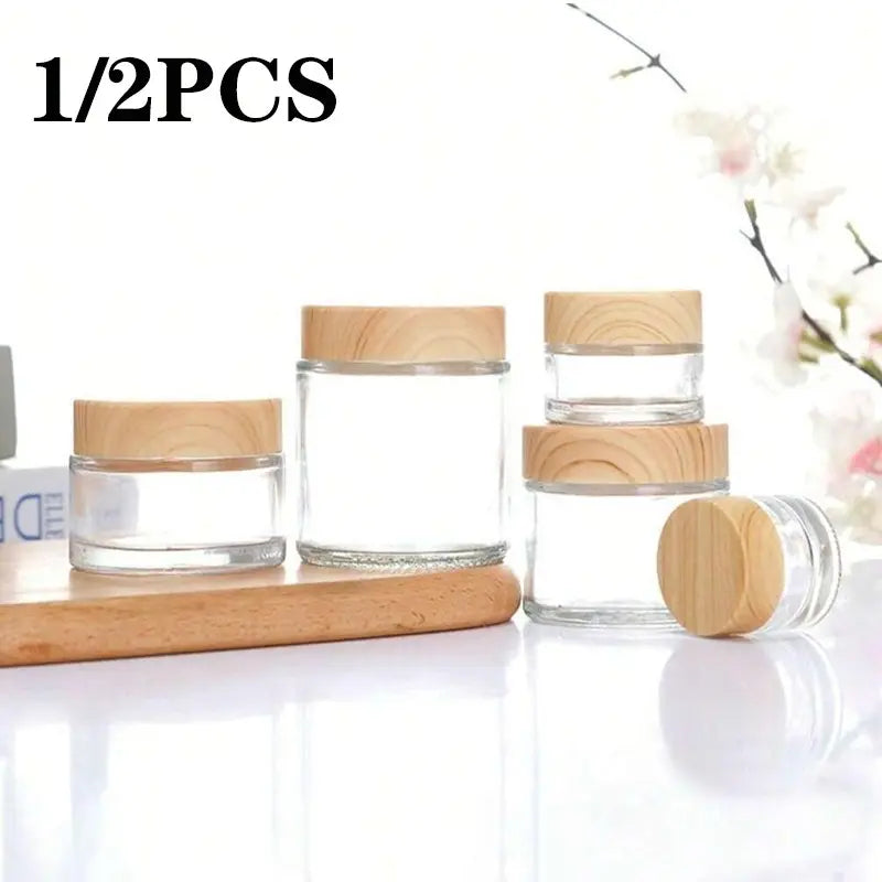 Multi-Size Transparent Cream Wood Grain Lid Cosmetic Bottle, Portable Small Packaging Glass Jar, Face Cream Eye Cream Container Containers, Glass Bottles with Lids