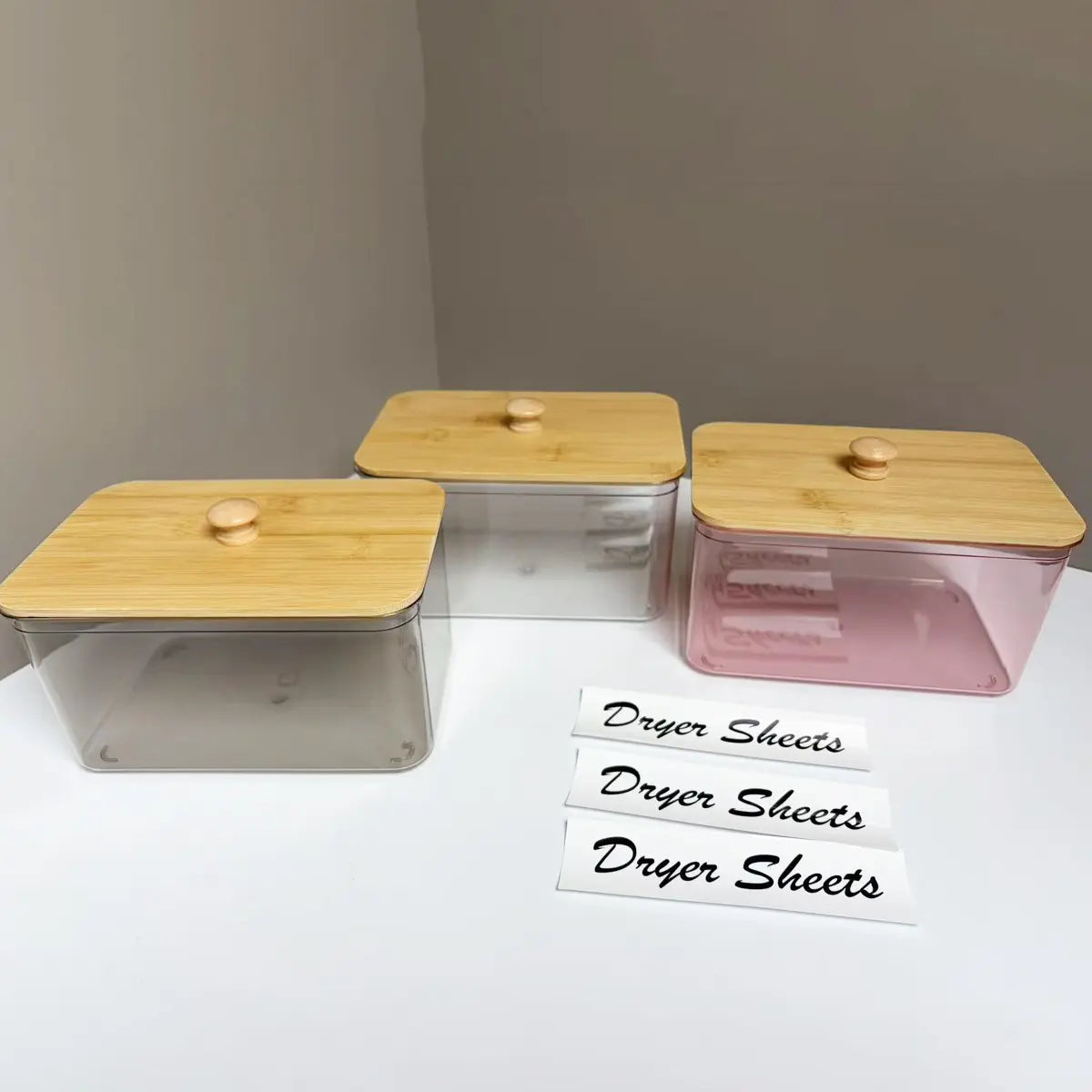Clear Dryer Sheet Holder with Bamboo Lid, Transparent Plastic Storage Bin, Containers, Laundry Room Decor Storage Box with Label, Dryer Sheet and Detergent Pod Dispenser for Home