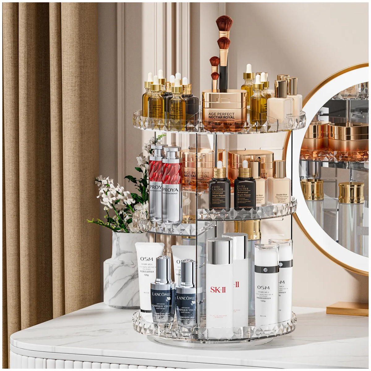 ZHIAI 360 Rotating Makeup Organizer, Large Capacity Cosmetics Organizer for Perfume Holder Organizer Countertop, DIY Adjustable Bathroom Makeup Carousel Holder Rack, Clear Diamond