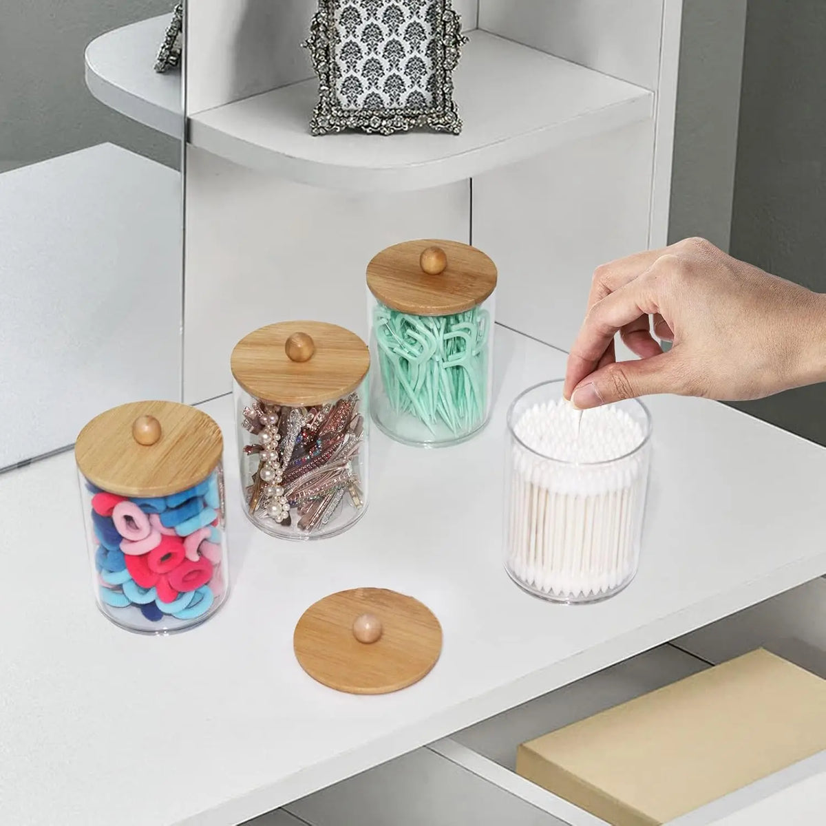 4 Pack Qtip Holder, 10-Ounce Bathroom Organizer Accessories Storage Containers Clear Plastic Apothecary Jars with Bamboo Lids for Cotton Ball, Cotton Swab, Floss