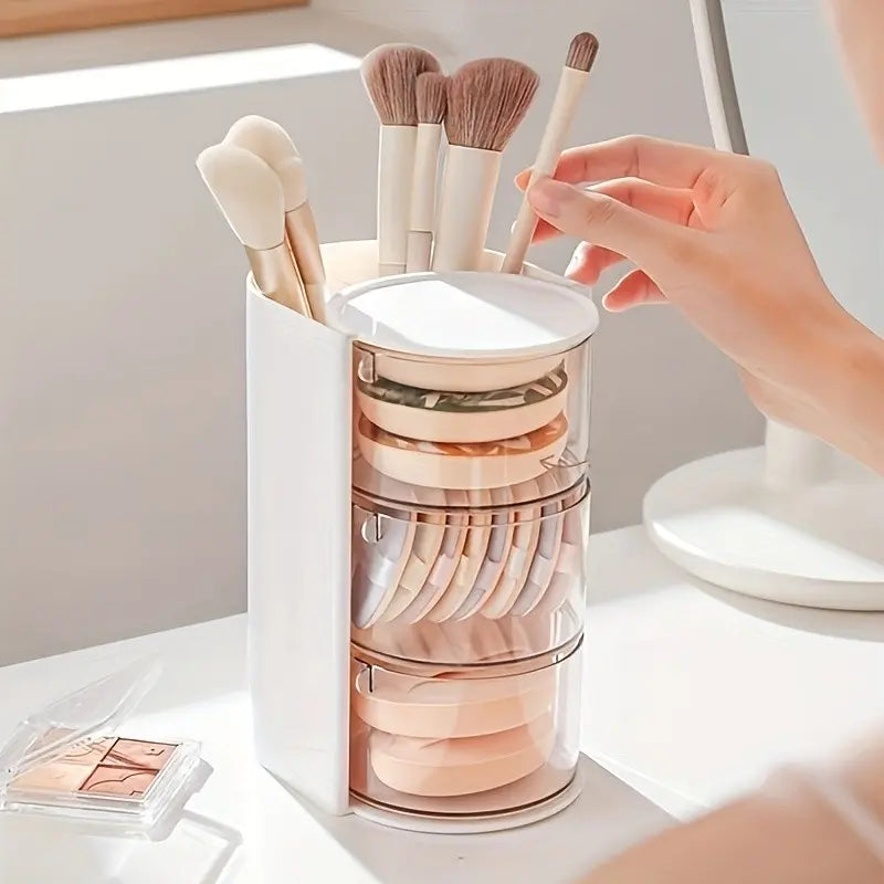 Three-Layer Rotating Makeup Organizer, Transparent Compartment Design, Space-Saving Storage for Brushes and Accessories, Perfect Gift for Women