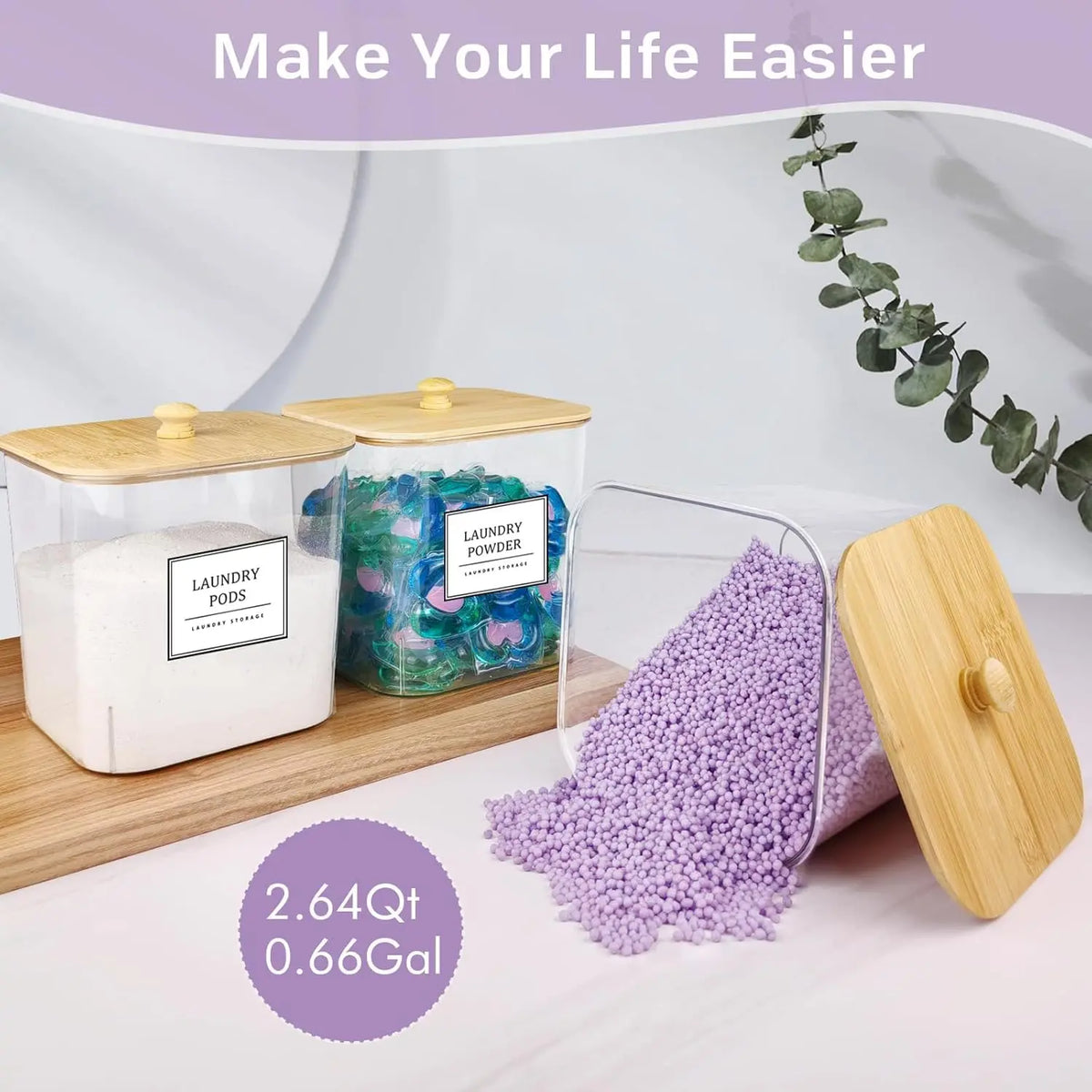 3+1 Pack Laundry Pods Storage Container, Clear Laundry Room Organization and Storage, Detergent Powder Container, with Wooden Lids & Labels
