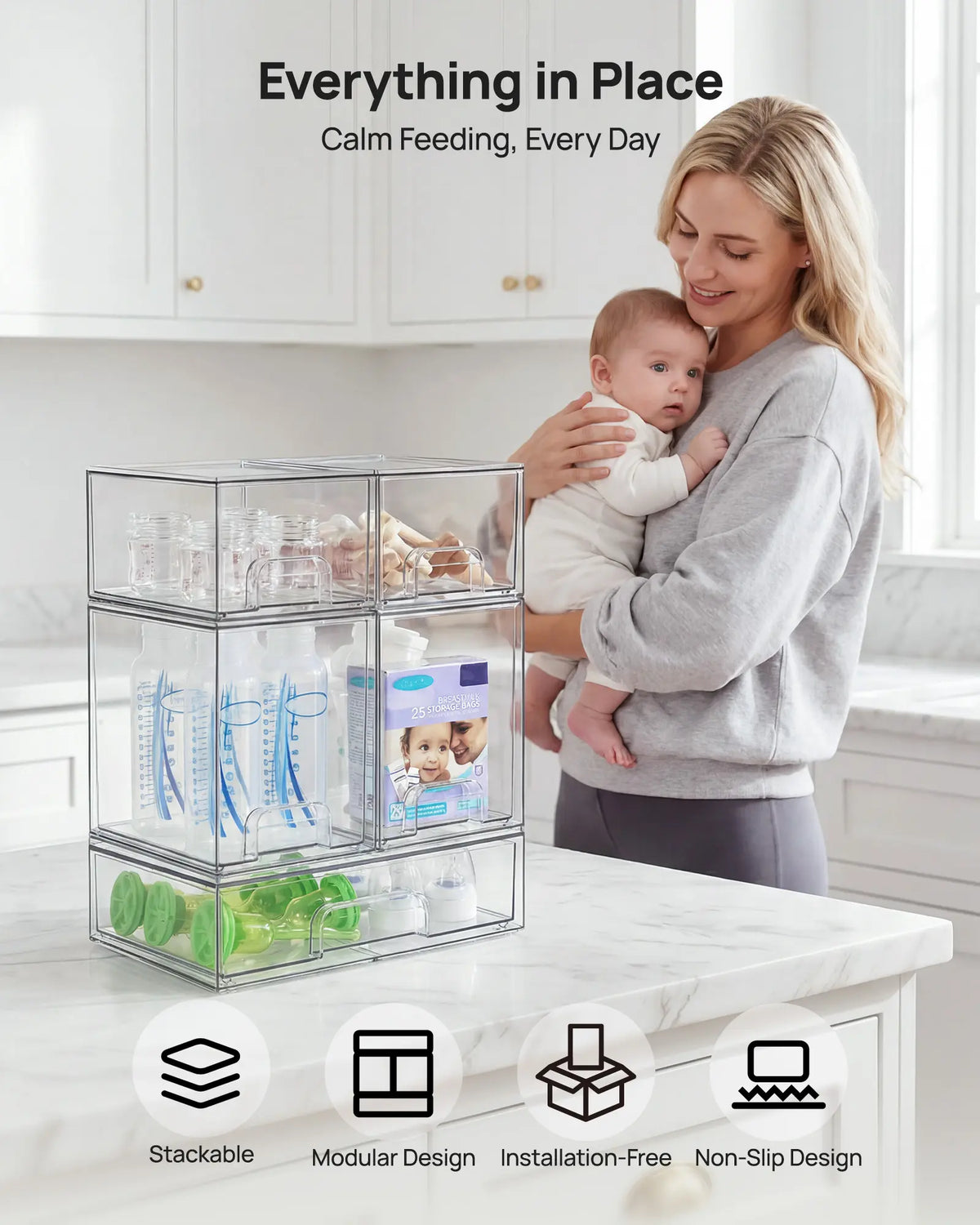 【Bottles Station】Vtopmart Stackable Nursery Set of 5/8 Clear Plastic Organizer Bins for Makeup Beauty Supplies Vanity Bathroom Cabinet Pantry, Multi-Size Flexible Design BPA-Free Safe Water&Dust Proof