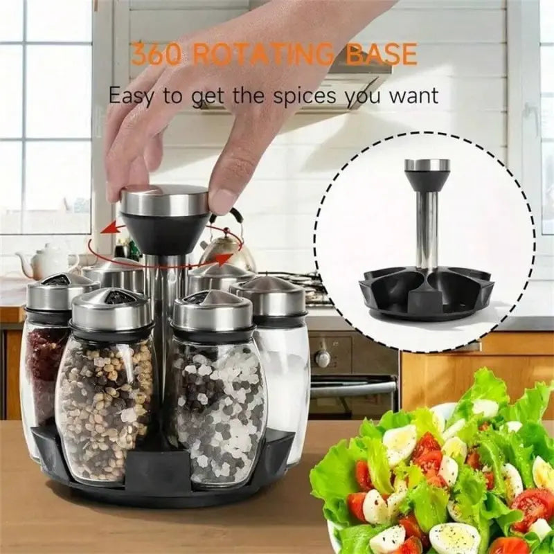 6-Jar Rotating Spice Rack Set, easy access and space-saving design with visible content, Glass Storage Jar, Spice Organizer, Glass Spice Jars. Keeps your kitchen tidy and holds all kinds of seasonings and spices.