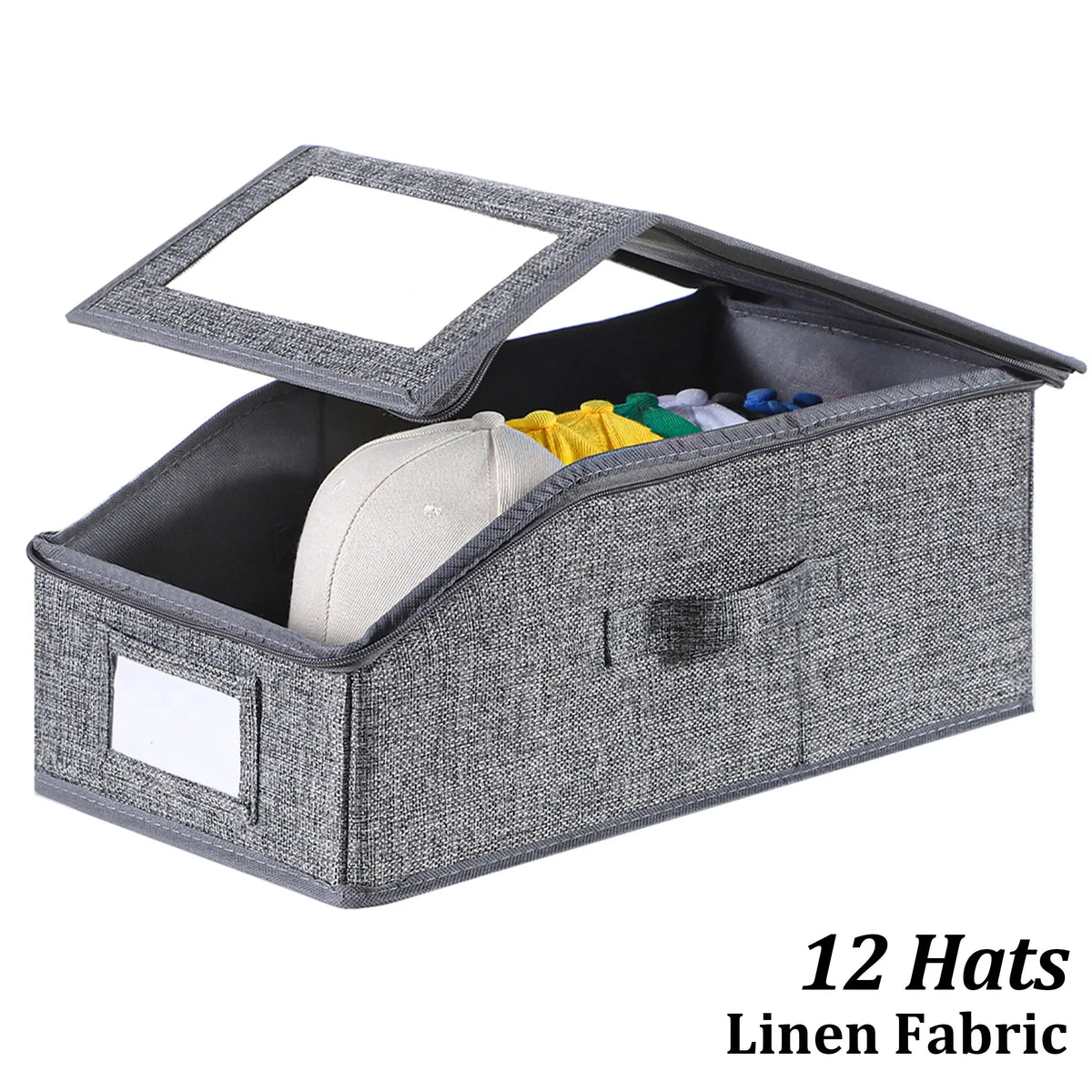 TAYTUU Linen Fabric Hat Organizer Bin - Collapsible, Transparent Window, Zip & Drawstring, Dustproof Closet Storage, Durable Cardboard, Holds 24 Baseball Caps, 16.93inL x 9.06inW x 7.56inH, ADHD Home Organizer
