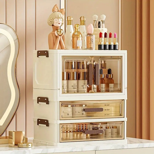 Rectangle Multifunctional Durable Storage Organizer - 3/4 Floors Foldable Large Capacity Retro White Golden Cosmetic Cabinet with Transparent Stackable Plastic Drawers, Makeup Organizer for Home Organization, Girl Gift