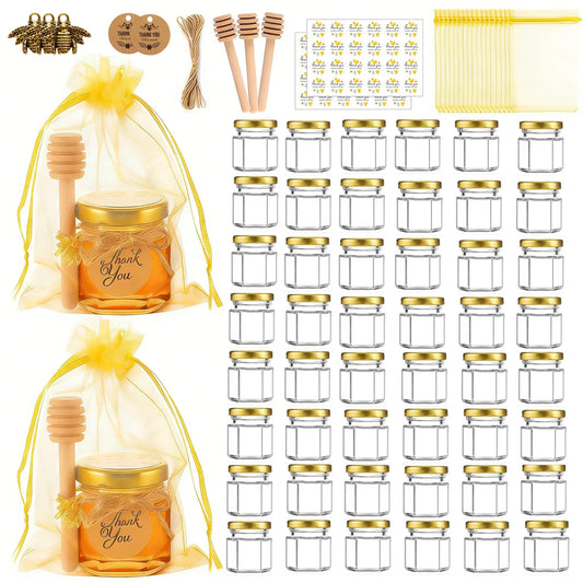 1.5 oz Reusable Mini Glass Honey Storage Jars Full Gift Kit - Wooden Diy Dipper, Gold Lids, Bee Charms, Jute Twine, Thank You Tags, Stickers, Gold Organza Bags, Waterproof Home Organizer for Wedding Party Favors, Storage Bottles & Jars, Dip & Serve Honey