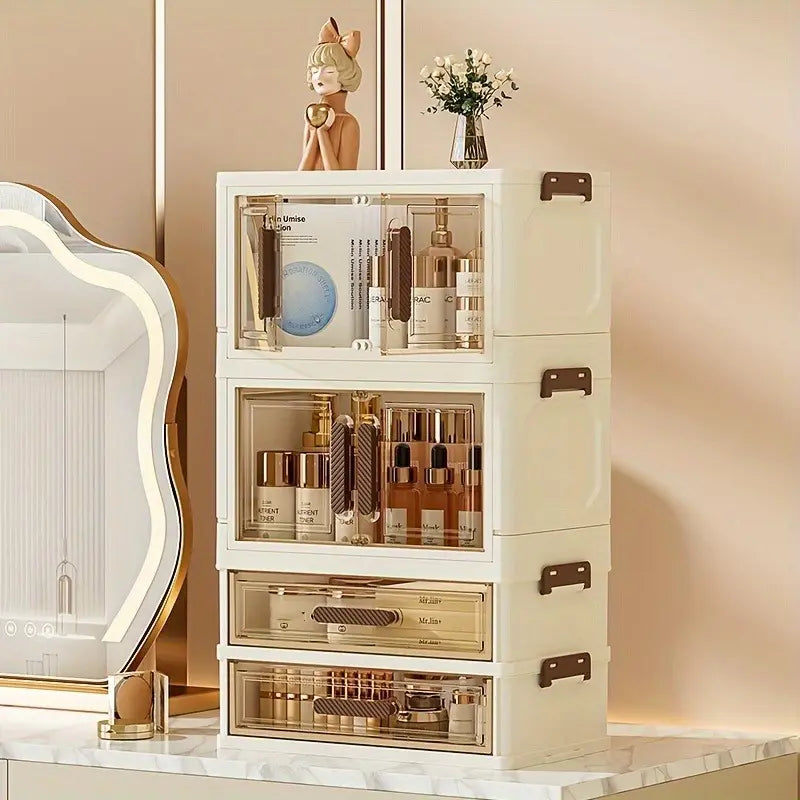 Rectangle Multifunctional Durable Storage Organizer - 3/4 Floors Foldable Large Capacity Retro White Golden Cosmetic Cabinet with Transparent Stackable Plastic Drawers, Makeup Organizer for Home Organization, Girl Gift