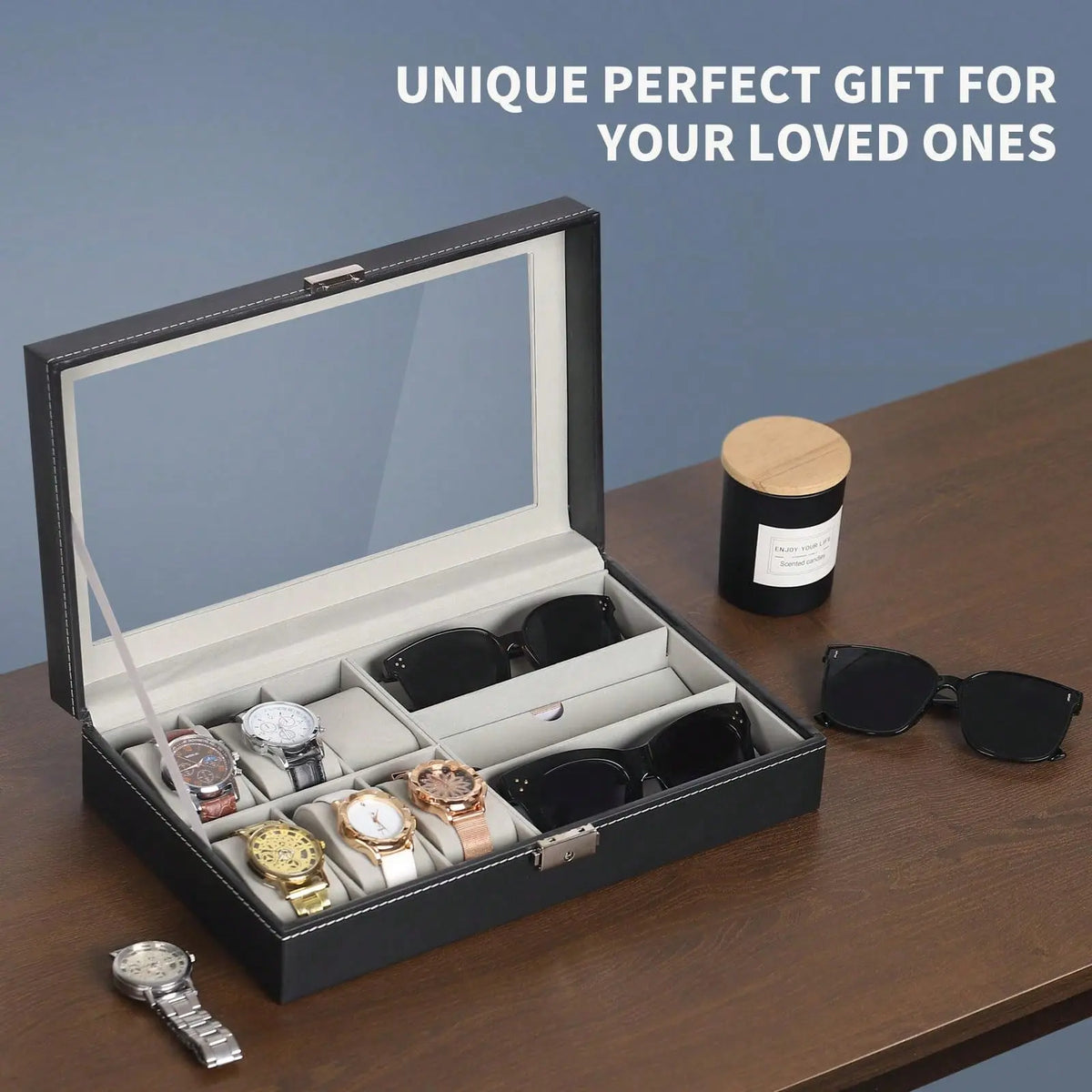 Black PU Leather Watch & Eyeglasses Organizer Box - 6-Watch, 3-Eyeglasses/Sunglasses Capacity, Glass Top, Classic Durable Jewelry Display Case with Fine Workmanship, Unisex Home Use Storage Holder, Gift