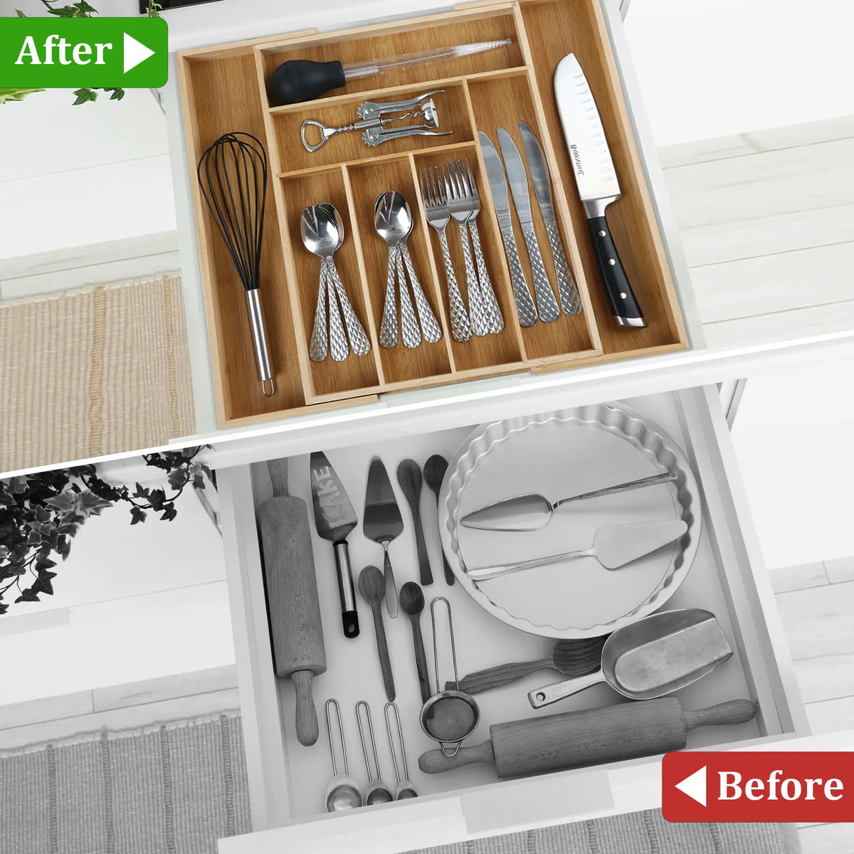 Expandable Bamboo Drawer Organizer - Adjustable 6-8 Slot Utensils Tray, Durable, Easy-Clean, Warm Bamboo Look, Cosmetic Holder, Box Organiser, Jewelry Storage, Bathroom & Kitchen Accessories Drawer Organizer Storage