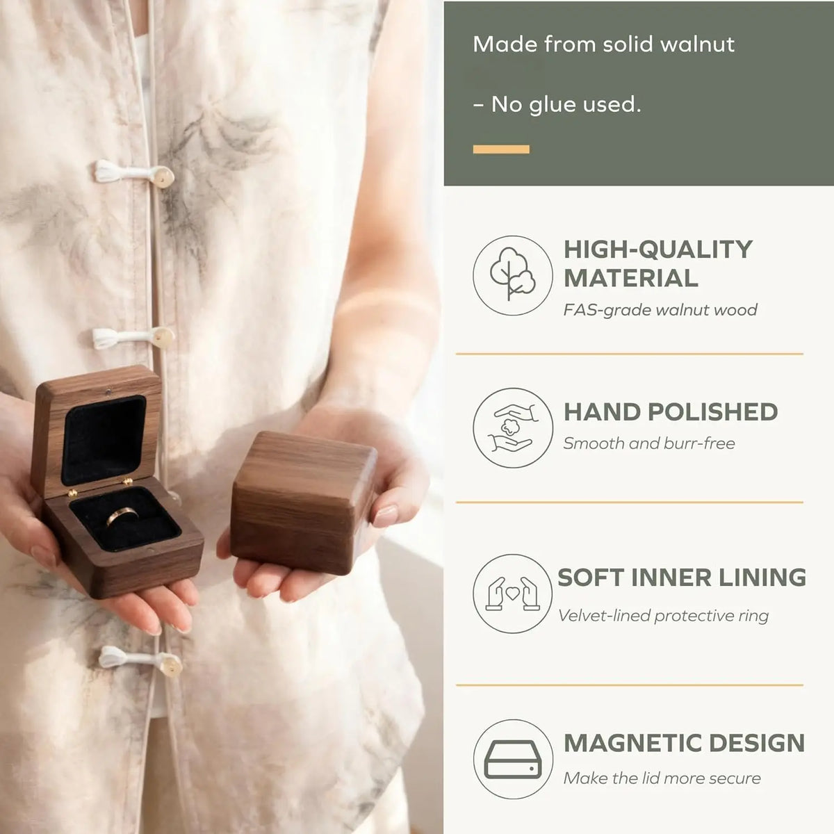 Solid  Ring Box - Hand-Polished Engagement Ring Holder Box for Proposal, Wedding  Organizer | Romantic  for Couples, Brides & Grooms (Walnut Carved-2pcs)
