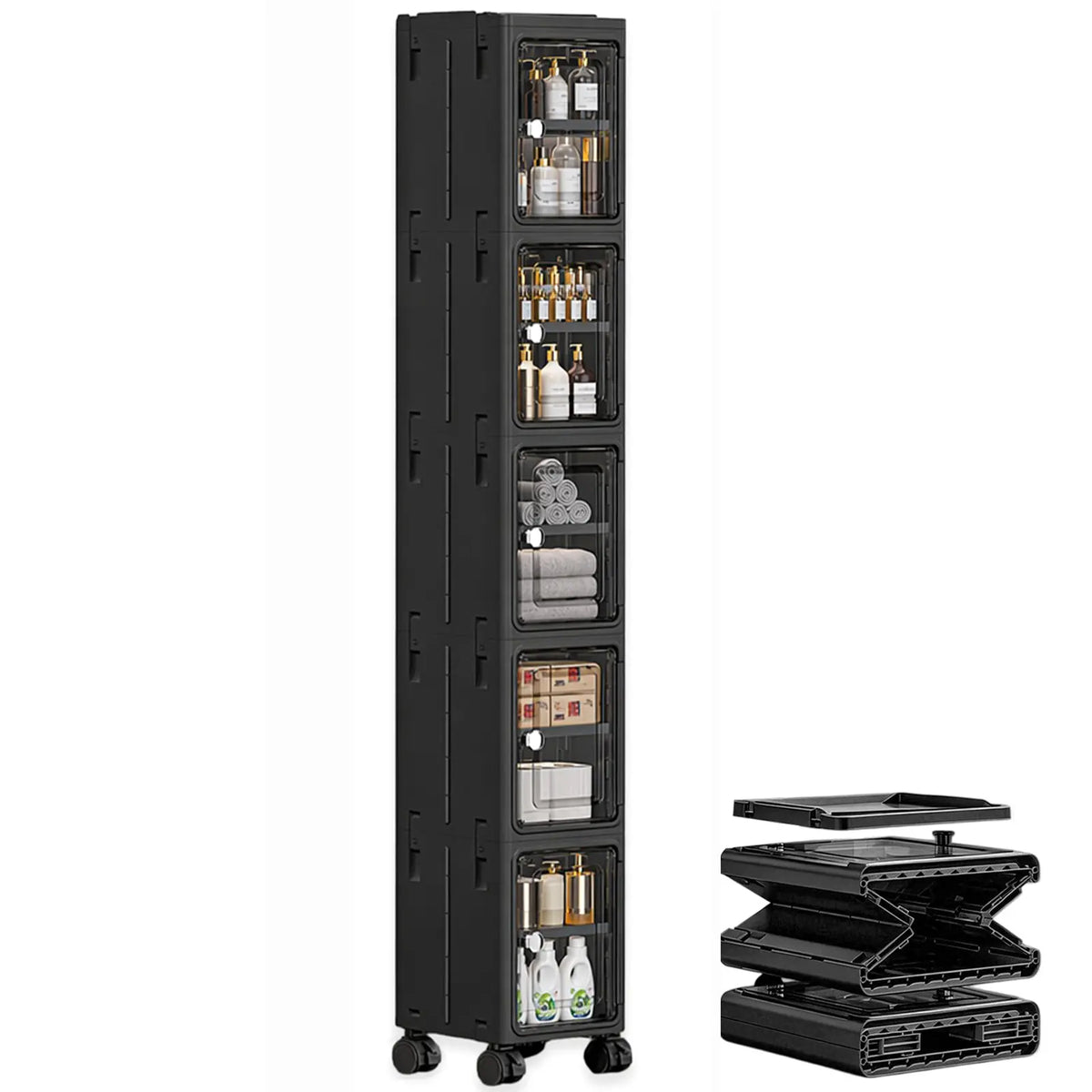 Nifogo 5-Tier Plastic Collapsible Organizer with Foldable Compartments - 5-Piece Fold-Flat Stackable Storage Bins with Lids, Dustproof Portable Lidded Bins (Hides Mess) with Wheels, White 157cm for Office/Dorm Use