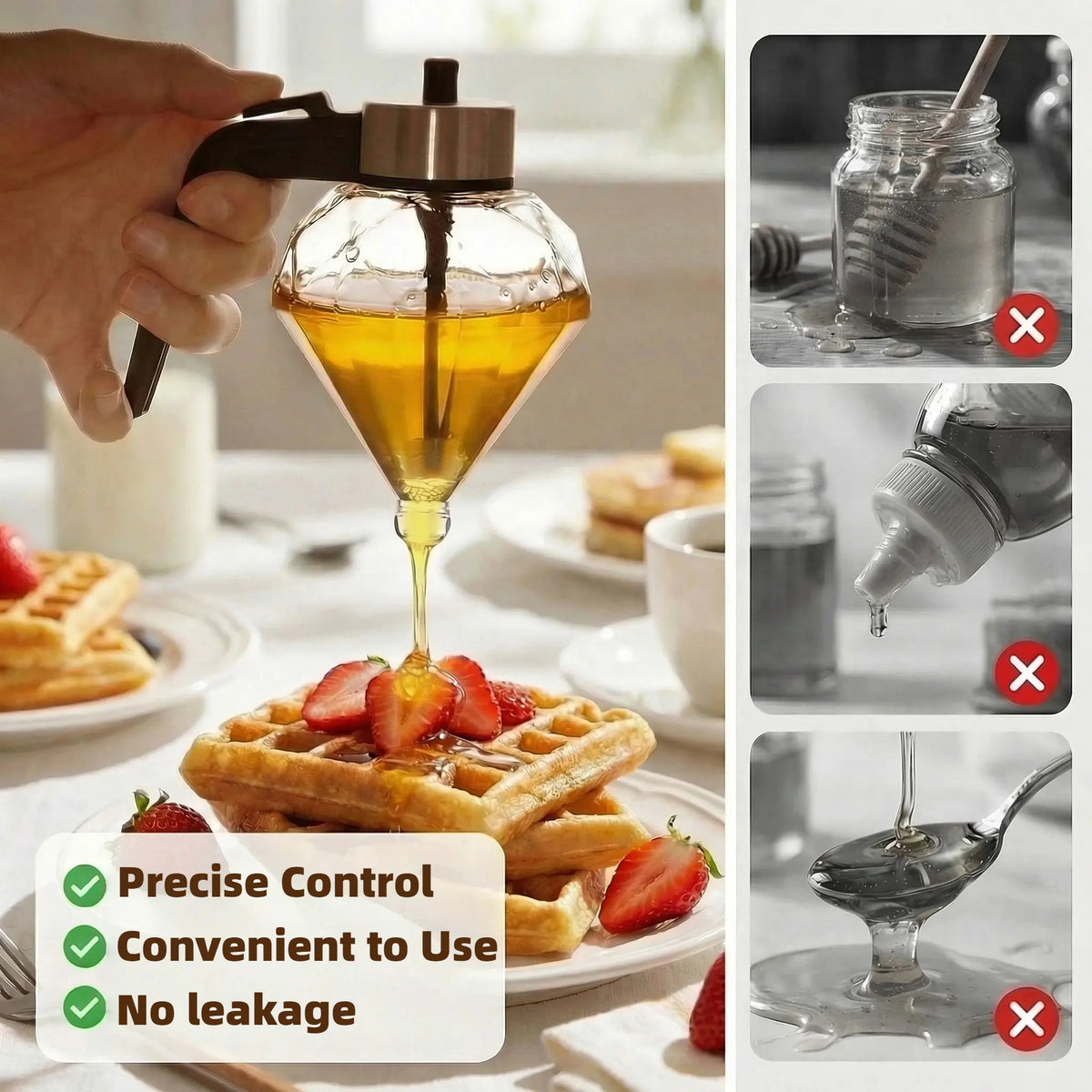 8oz No-Drip Glass Honey Dispenser with Lid & Steady Stand Base, Bottom Flow High-Quality Durable Glass Jar for Daily Use, Coffee/Maple Syrup Container for Tea Time & Gifting (Elegant Honeycomb Design)