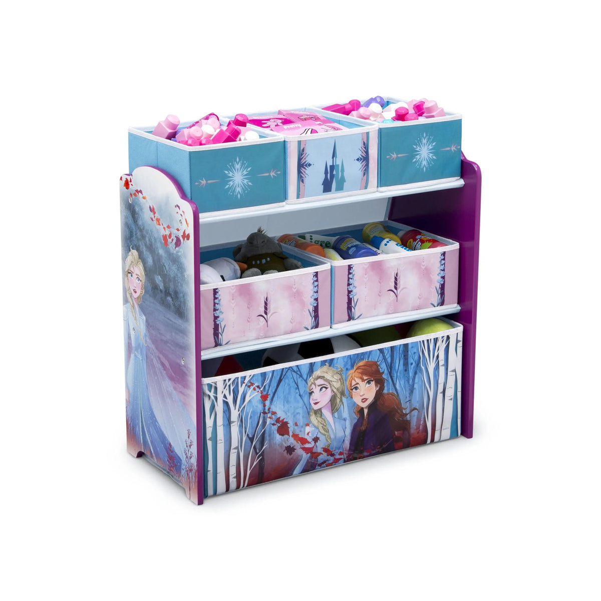 Delta Children Frozen II Themed 6-Bin Toy Organiser - Box Organiser with Vinyl-Decorated Fabric Bins, Reusable Stickers, Customizable Display Open Storage, Kid-Ready Home Decor & Storage Solution